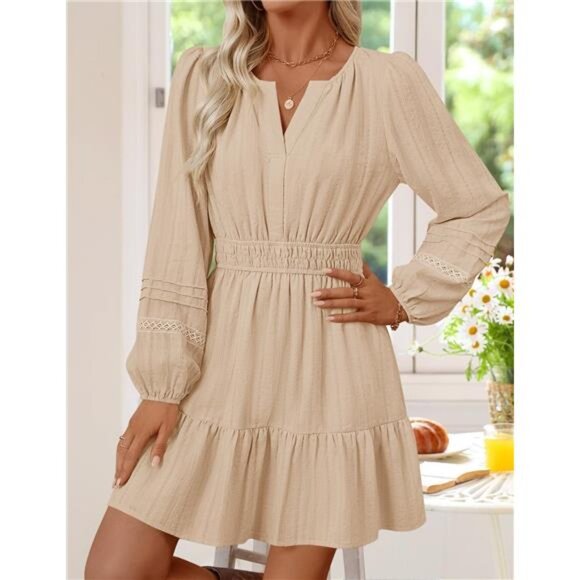 Mini Dress Lightweight V Neck A Line Flowy Swing Beige - Picture 4 of 7